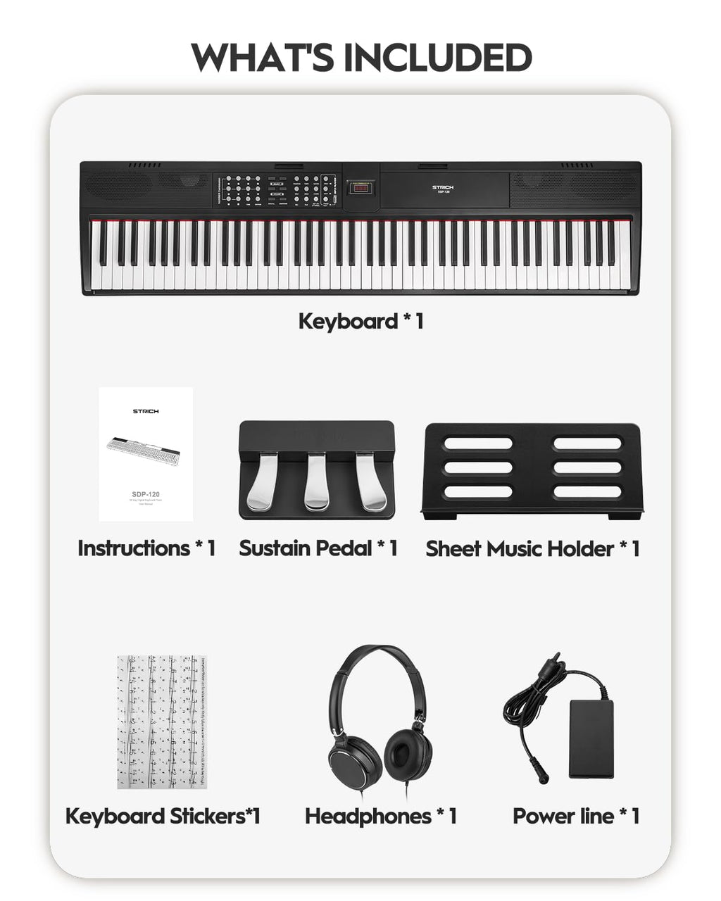 STRICH SDP-120 – Piano numérique 88 touches lestées avec haut-parleurs et connexion USB-MIDI
