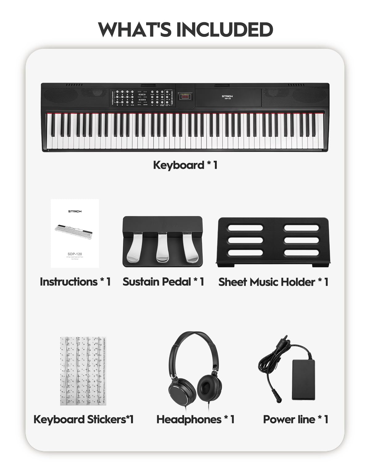STRICH SDP-120 – Piano numérique 88 touches lestées avec haut-parleurs et connexion USB-MIDI