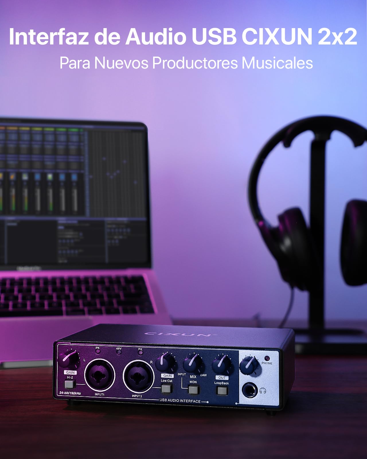 🎧 Interface audio USB-C 2x2 – Enregistrement studio 24-bit/192 kHz avec entrées XLR/TS et alimentation +48V (PC/Mac)