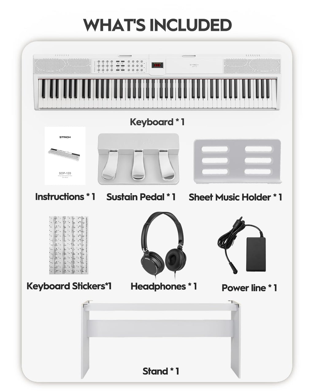 STRICH SDP-120 – Piano numérique 88 touches lestées avec haut-parleurs et connexion USB-MIDI