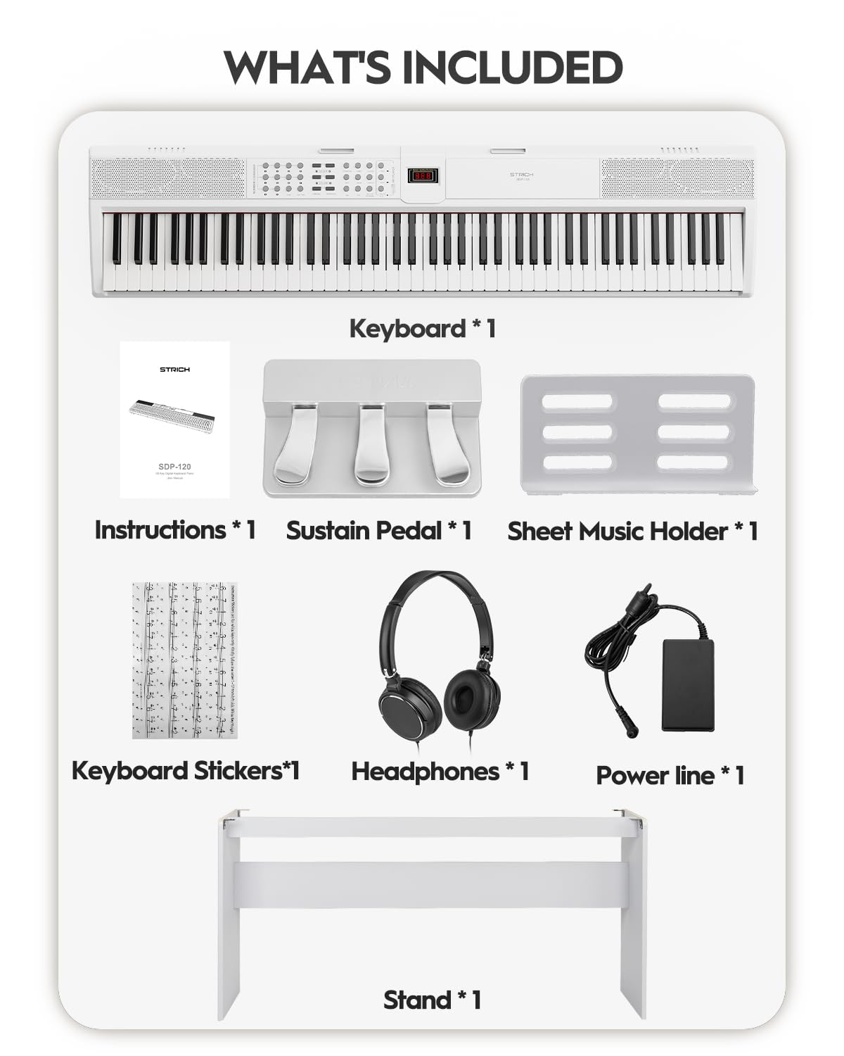 STRICH SDP-120 – Piano numérique 88 touches lestées avec haut-parleurs et connexion USB-MIDI