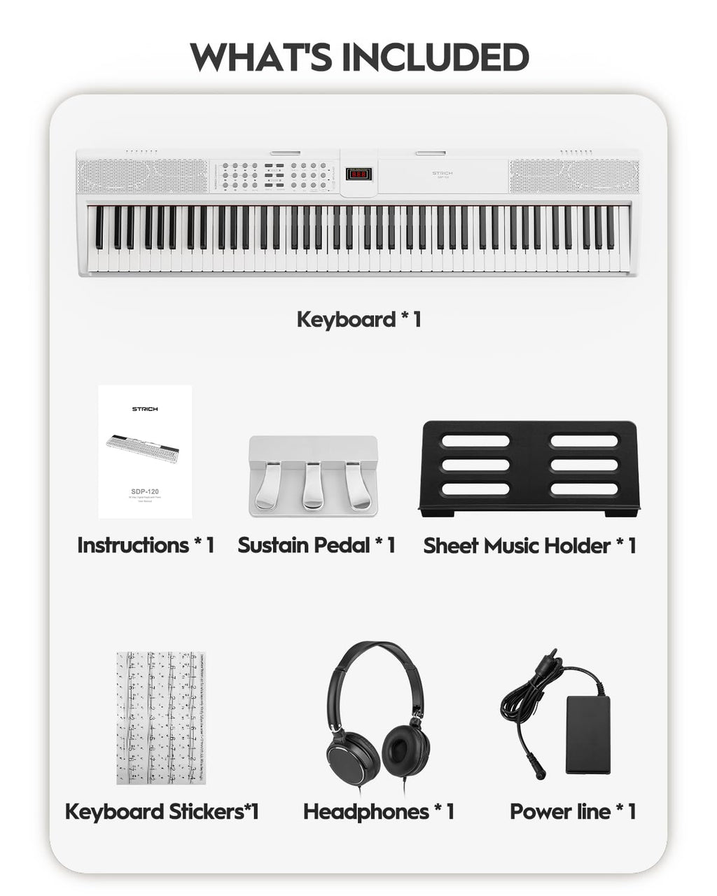 STRICH SDP-120 – Piano numérique 88 touches lestées avec haut-parleurs et connexion USB-MIDI