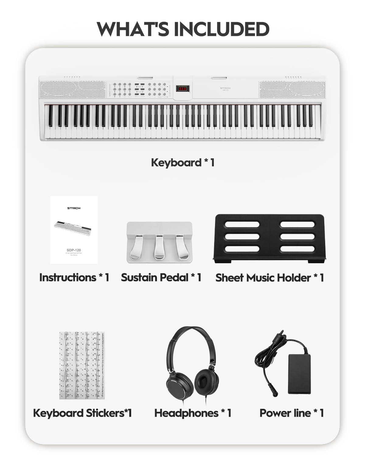 STRICH SDP-120 – Piano numérique 88 touches lestées avec haut-parleurs et connexion USB-MIDI