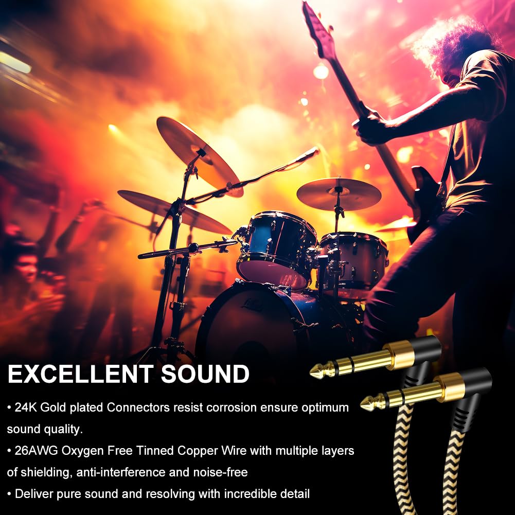 🎸 Câble instrument TRS 6,35 mm (1/4") – Audio stéréo mâle/mâle, angle droit vers droit, 1,8 m (6 ft)