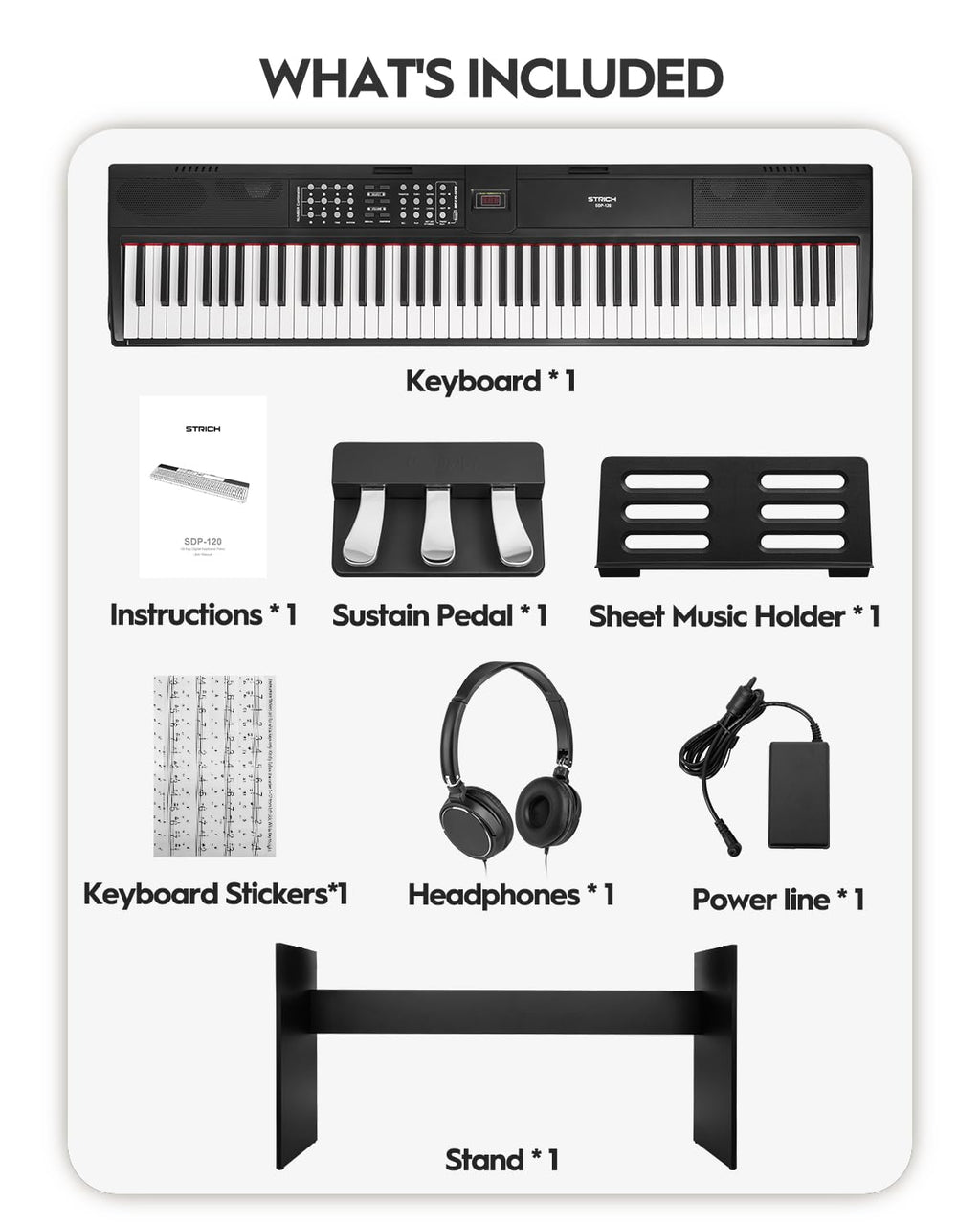 STRICH SDP-120 – Piano numérique 88 touches lestées avec haut-parleurs et connexion USB-MIDI
