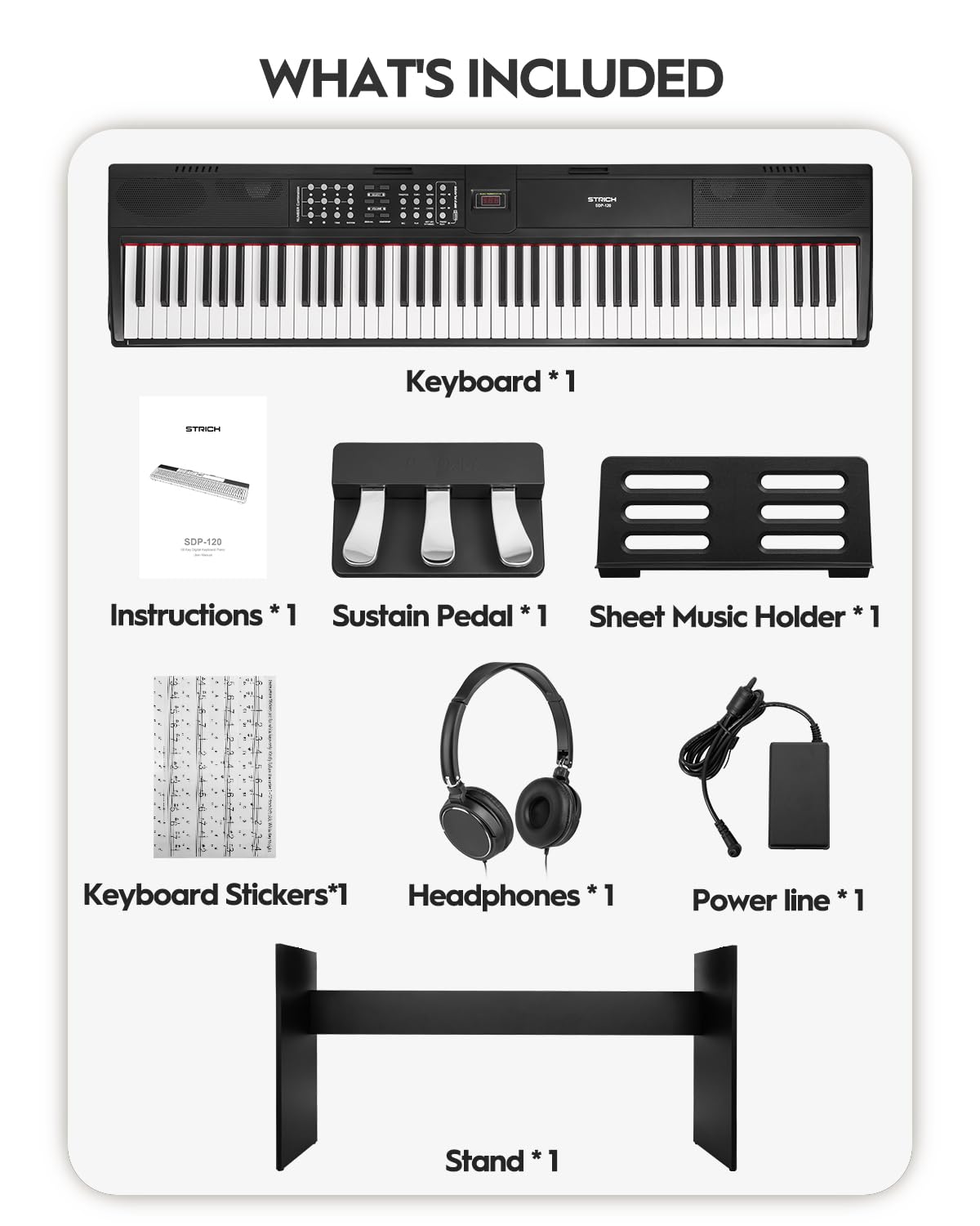 STRICH SDP-120 – Piano numérique 88 touches lestées avec haut-parleurs et connexion USB-MIDI