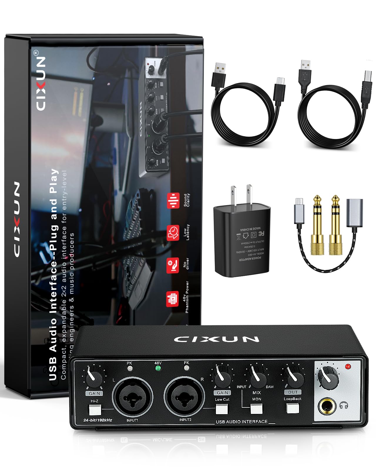 🎧 Interface audio USB-C 2x2 – Enregistrement studio 24-bit/192 kHz avec entrées XLR/TS et alimentation +48V (PC/Mac)