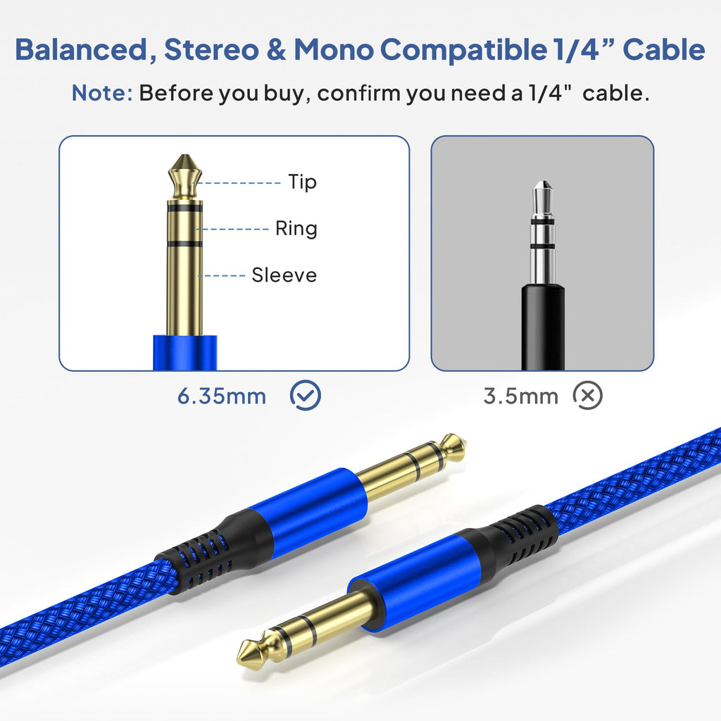 🎸 Câble instrument Elebase 1/4" TRS – Pack de 2, 3 m (10 ft), jack stéréo 6,35 mm droit, audio équilibré pour guitare, basse, clavier, ampli et enceinte
