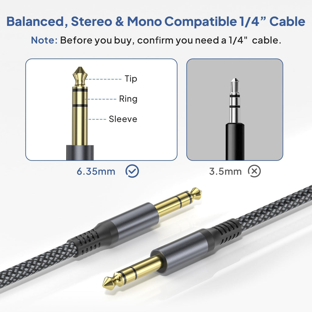 🎸 Câble instrument Elebase 1/4" TRS – Pack de 2, 3 m (10 ft), jack stéréo 6,35 mm droit, audio équilibré pour guitare, basse, clavier, ampli et enceinte