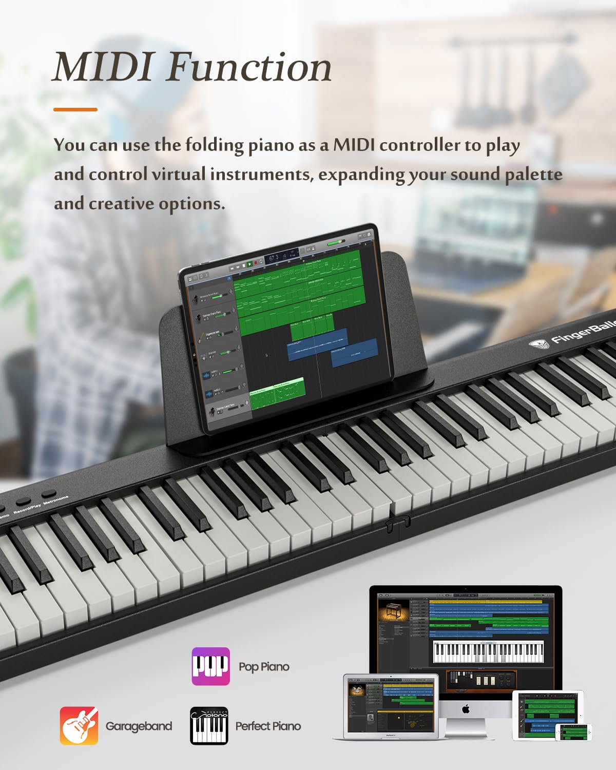 Piano numérique portable 88 touches pliable semi-lesté avec Bluetooth MIDI et finition bois