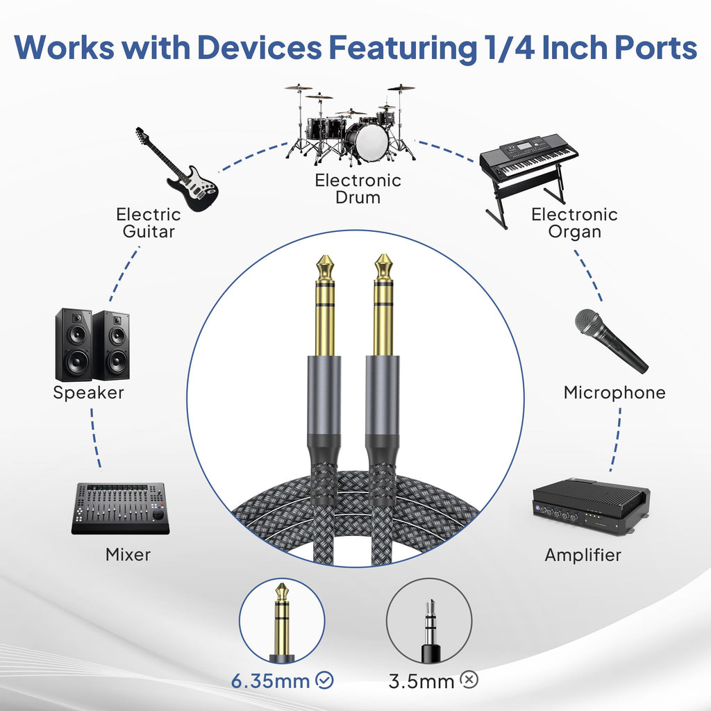 🎸 Câble instrument Elebase 1/4" TRS – Pack de 2, 3 m (10 ft), jack stéréo 6,35 mm droit, audio équilibré pour guitare, basse, clavier, ampli et enceinte