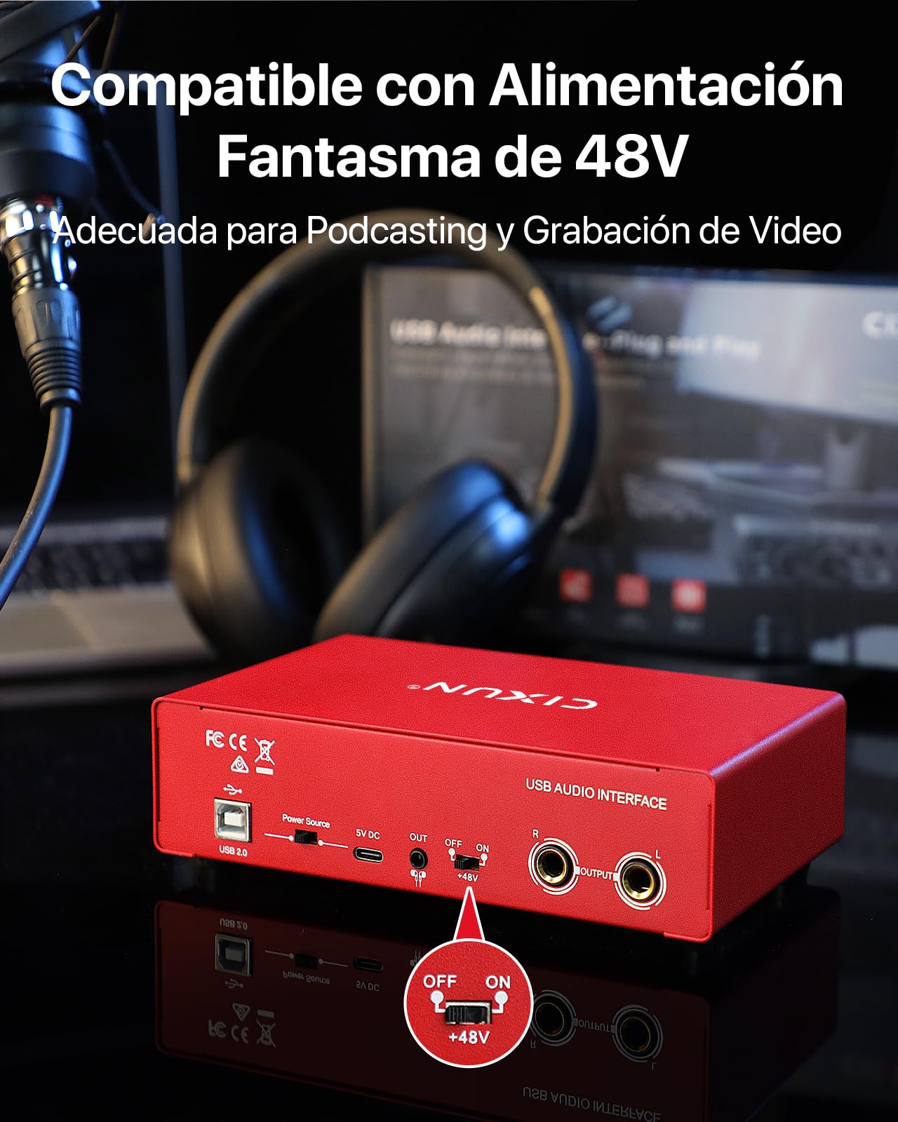 🎧 Interface audio USB-C 2x2 – Enregistrement studio 24-bit/192 kHz avec entrées XLR/TS et alimentation +48V (PC/Mac)