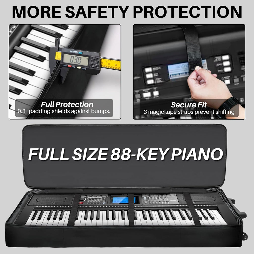 🎹 Housse de transport pour clavier 88 touches avec roulettes et sangles réglables – Sac de transport rembourré 10 mm avec 4 poches accessoires pour piano numérique, synthétiseur et clavier