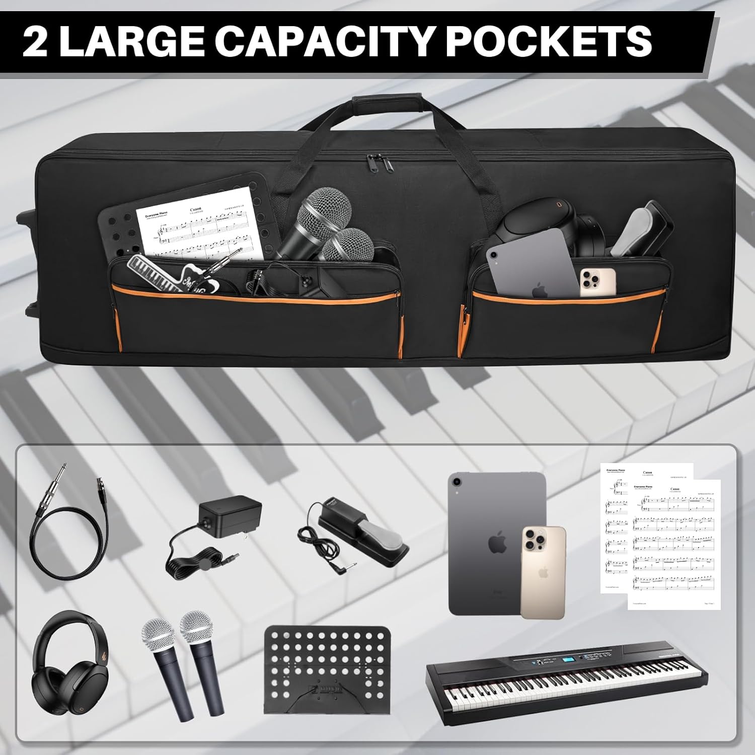 🎹 Housse de transport pour clavier 88 touches avec roulettes et sangles réglables – Sac de transport rembourré 10 mm avec 4 poches accessoires pour piano numérique, synthétiseur et clavier
