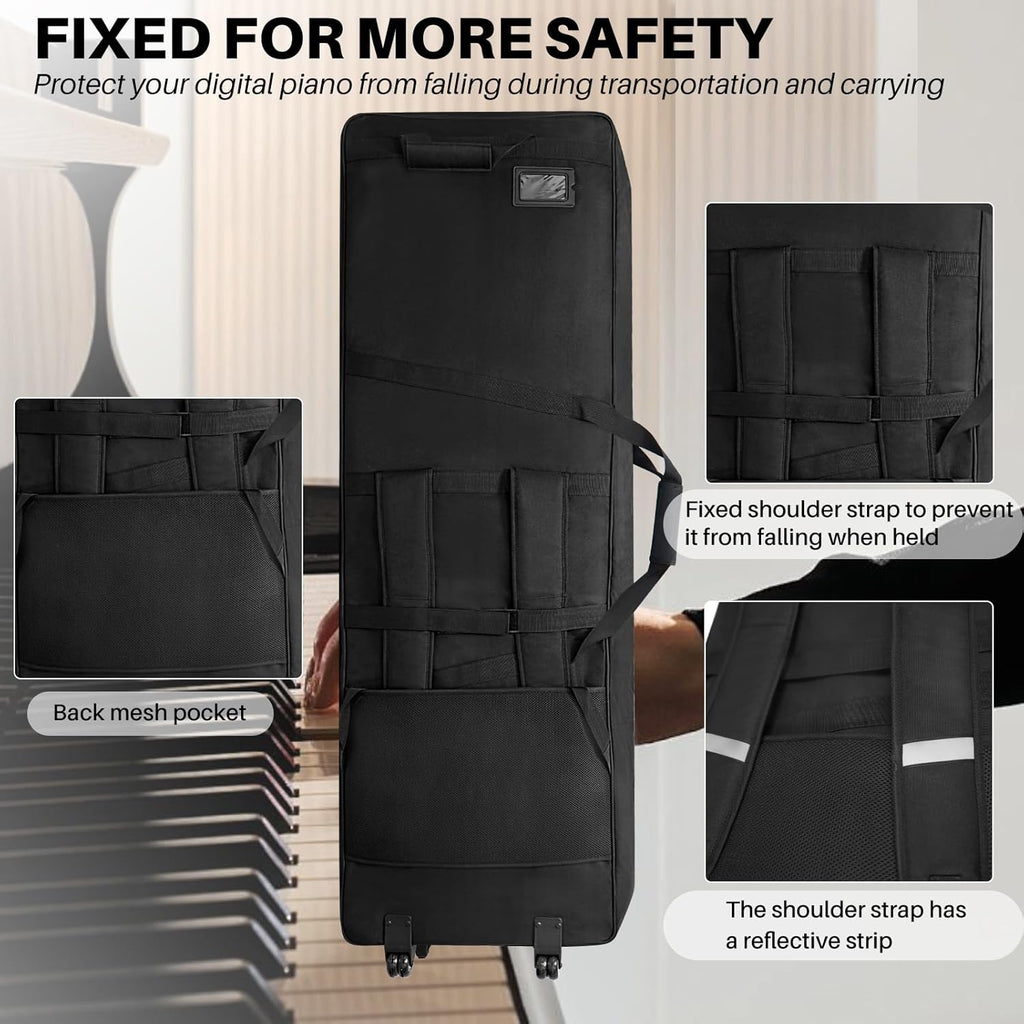 🎹 Housse de transport pour clavier 88 touches avec roulettes et sangles réglables – Sac de transport rembourré 10 mm avec 4 poches accessoires pour piano numérique, synthétiseur et clavier