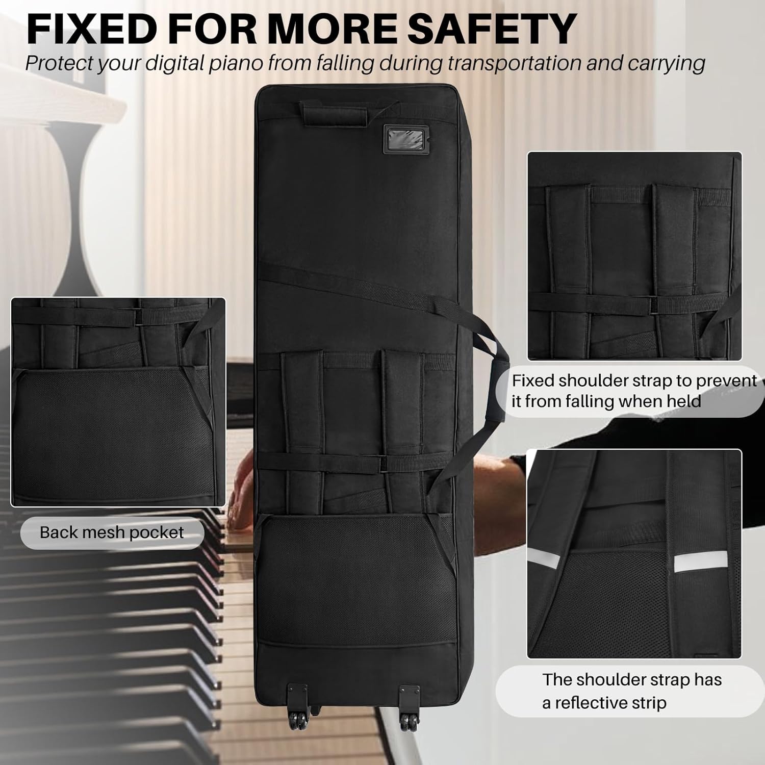 🎹 Housse de transport pour clavier 88 touches avec roulettes et sangles réglables – Sac de transport rembourré 10 mm avec 4 poches accessoires pour piano numérique, synthétiseur et clavier