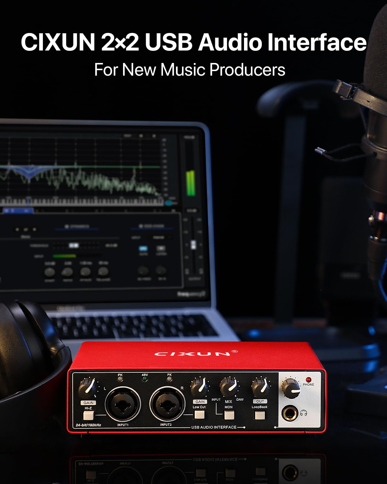 🎧 Interface audio USB-C 2x2 – Enregistrement studio 24-bit/192 kHz avec entrées XLR/TS et alimentation +48V (PC/Mac)