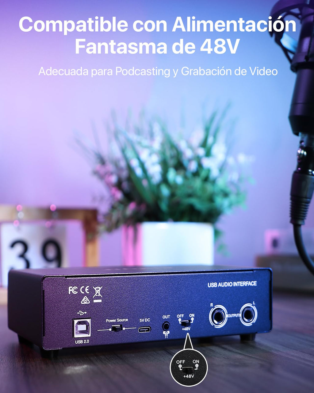 🎧 Interface audio USB-C 2x2 – Enregistrement studio 24-bit/192 kHz avec entrées XLR/TS et alimentation +48V (PC/Mac)
