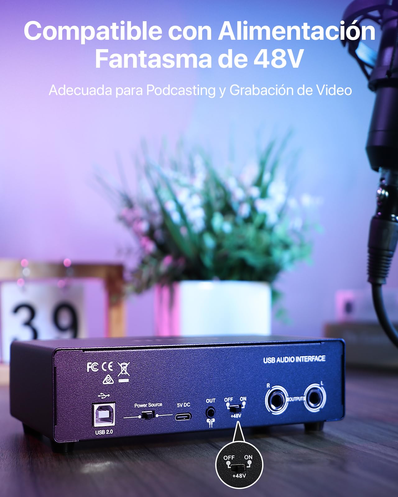 🎧 Interface audio USB-C 2x2 – Enregistrement studio 24-bit/192 kHz avec entrées XLR/TS et alimentation +48V (PC/Mac)