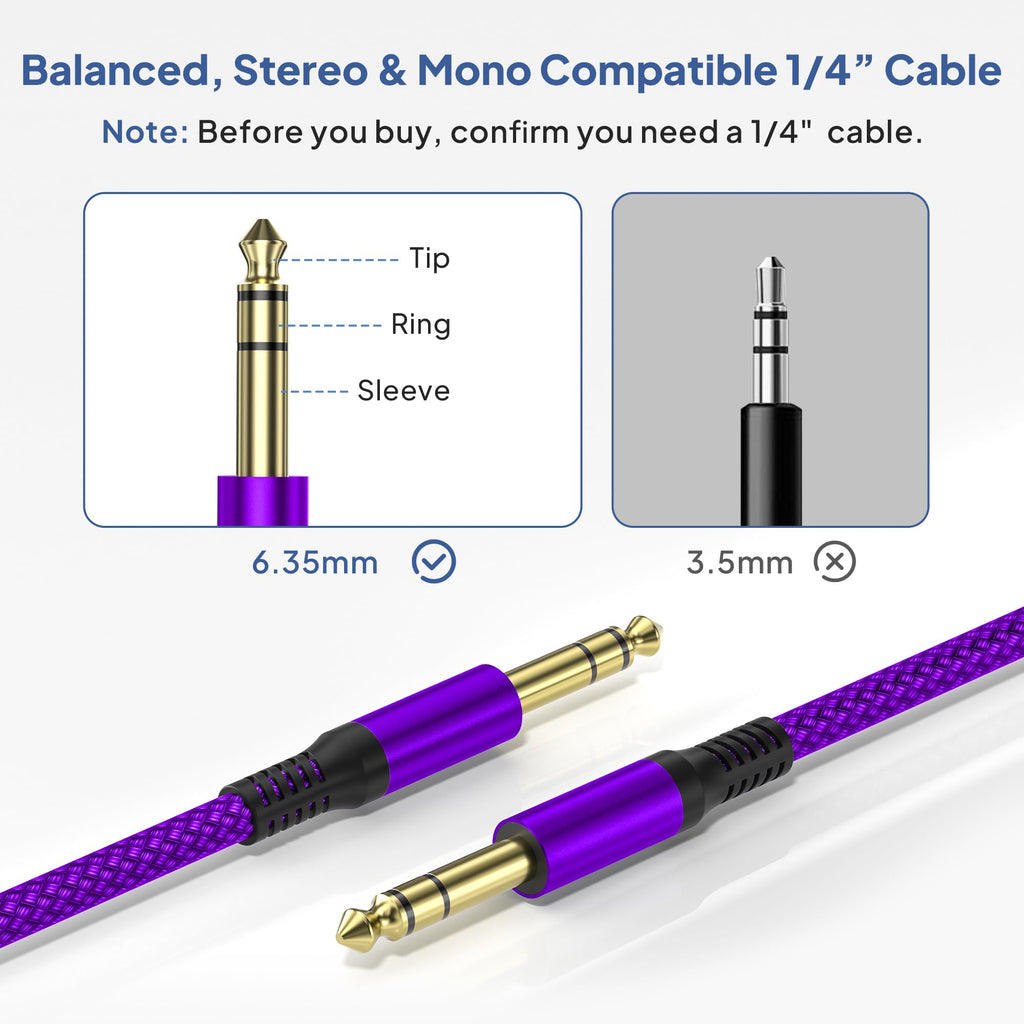 🎸 Câble instrument Elebase 1/4" TRS – Pack de 2, 3 m (10 ft), jack stéréo 6,35 mm droit, audio équilibré pour guitare, basse, clavier, ampli et enceinte