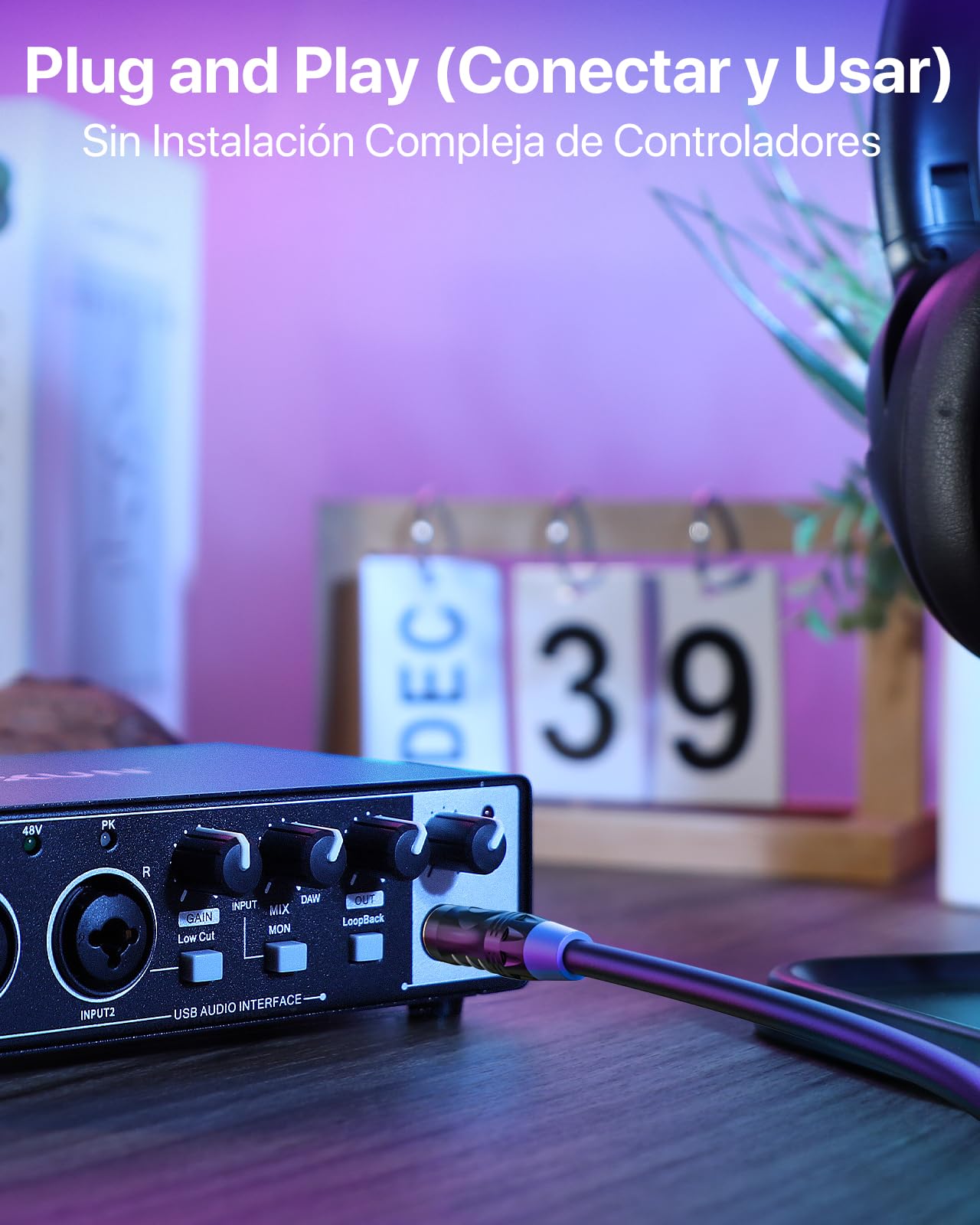 🎧 Interface audio USB-C 2x2 – Enregistrement studio 24-bit/192 kHz avec entrées XLR/TS et alimentation +48V (PC/Mac)