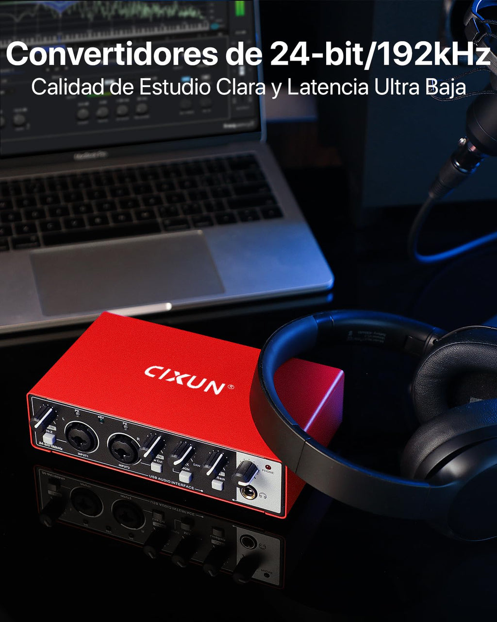 🎧 Interface audio USB-C 2x2 – Enregistrement studio 24-bit/192 kHz avec entrées XLR/TS et alimentation +48V (PC/Mac)