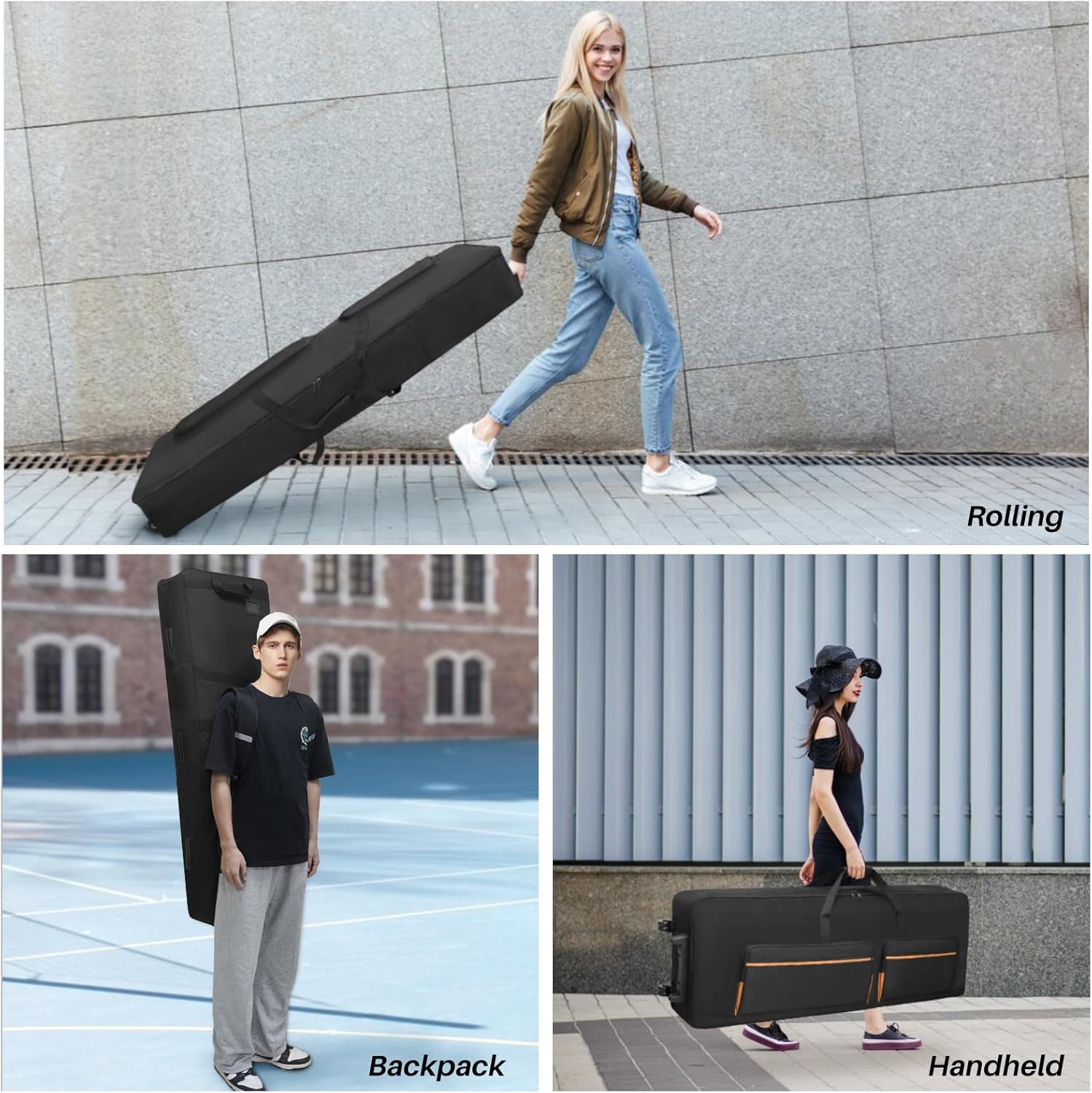 🎹 Housse de transport pour clavier 88 touches avec roulettes et sangles réglables – Sac de transport rembourré 10 mm avec 4 poches accessoires pour piano numérique, synthétiseur et clavier