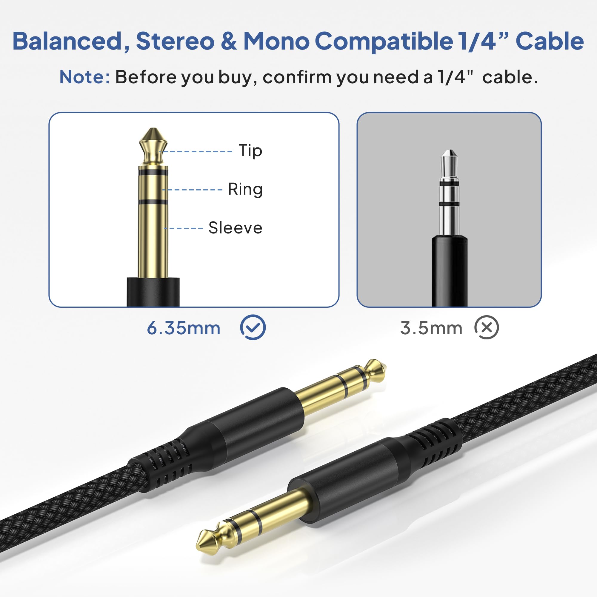 🎸 Câble instrument Elebase 1/4" TRS – Pack de 2, 3 m (10 ft), jack stéréo 6,35 mm droit, audio équilibré pour guitare, basse, clavier, ampli et enceinte