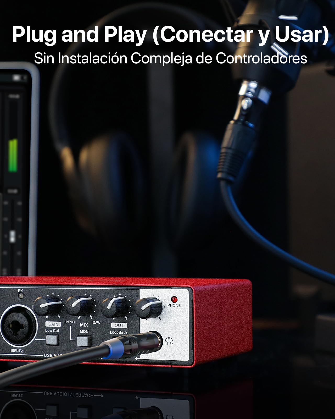 🎧 Interface audio USB-C 2x2 – Enregistrement studio 24-bit/192 kHz avec entrées XLR/TS et alimentation +48V (PC/Mac)