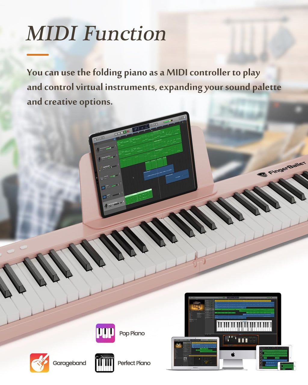 Piano numérique portable 88 touches pliable semi-lesté avec Bluetooth MIDI et finition bois