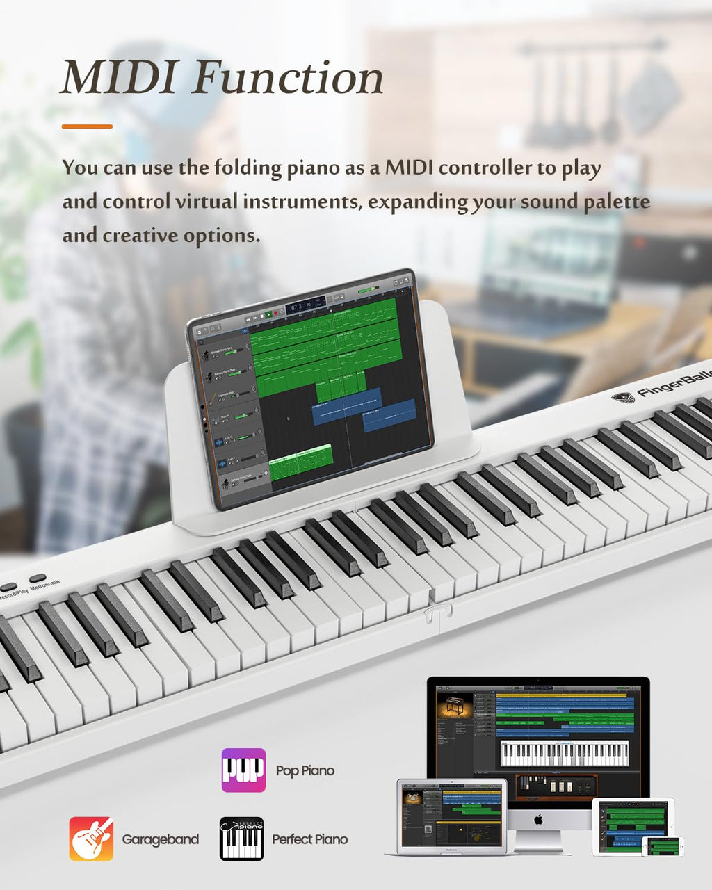 Piano numérique portable 88 touches pliable semi-lesté avec Bluetooth MIDI et finition bois