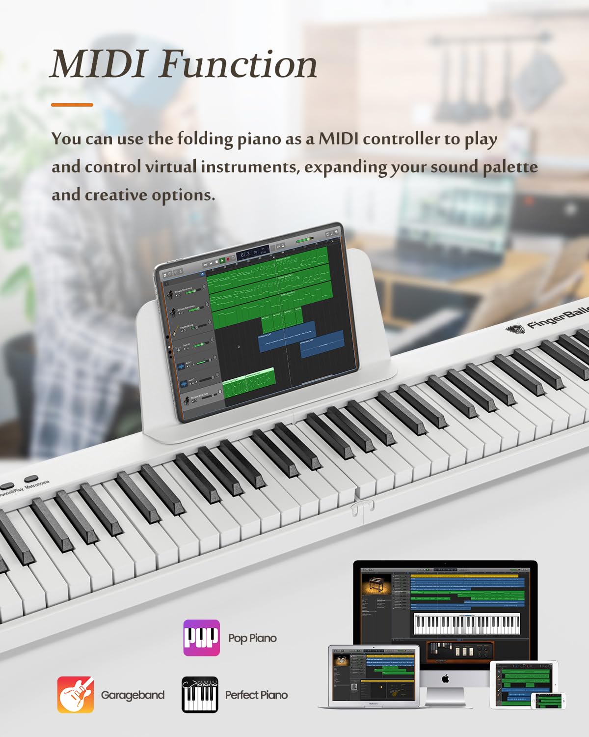 Piano numérique portable 88 touches pliable semi-lesté avec Bluetooth MIDI et finition bois