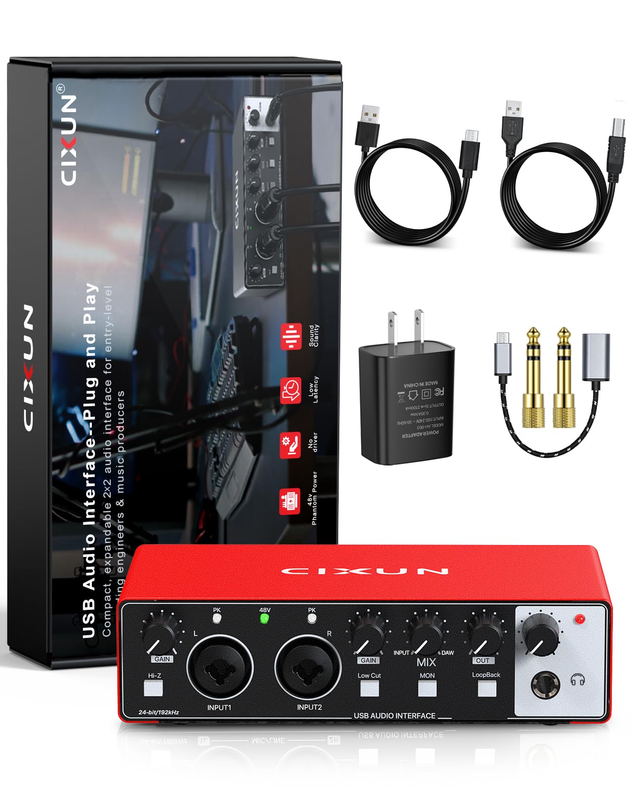 🎧 Interface audio USB-C 2x2 – Enregistrement studio 24-bit/192 kHz avec entrées XLR/TS et alimentation +48V (PC/Mac)
