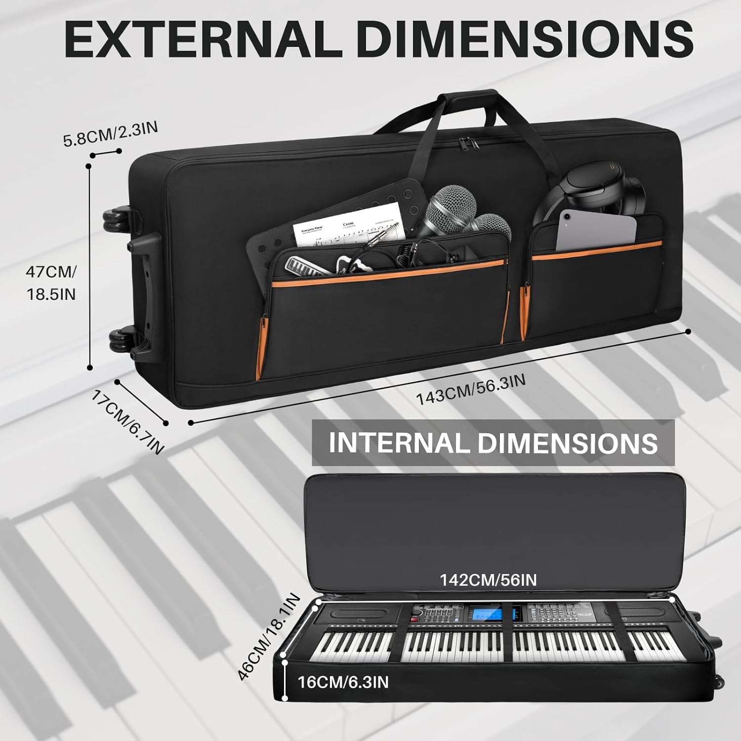 🎹 Housse de transport pour clavier 88 touches avec roulettes et sangles réglables – Sac de transport rembourré 10 mm avec 4 poches accessoires pour piano numérique, synthétiseur et clavier