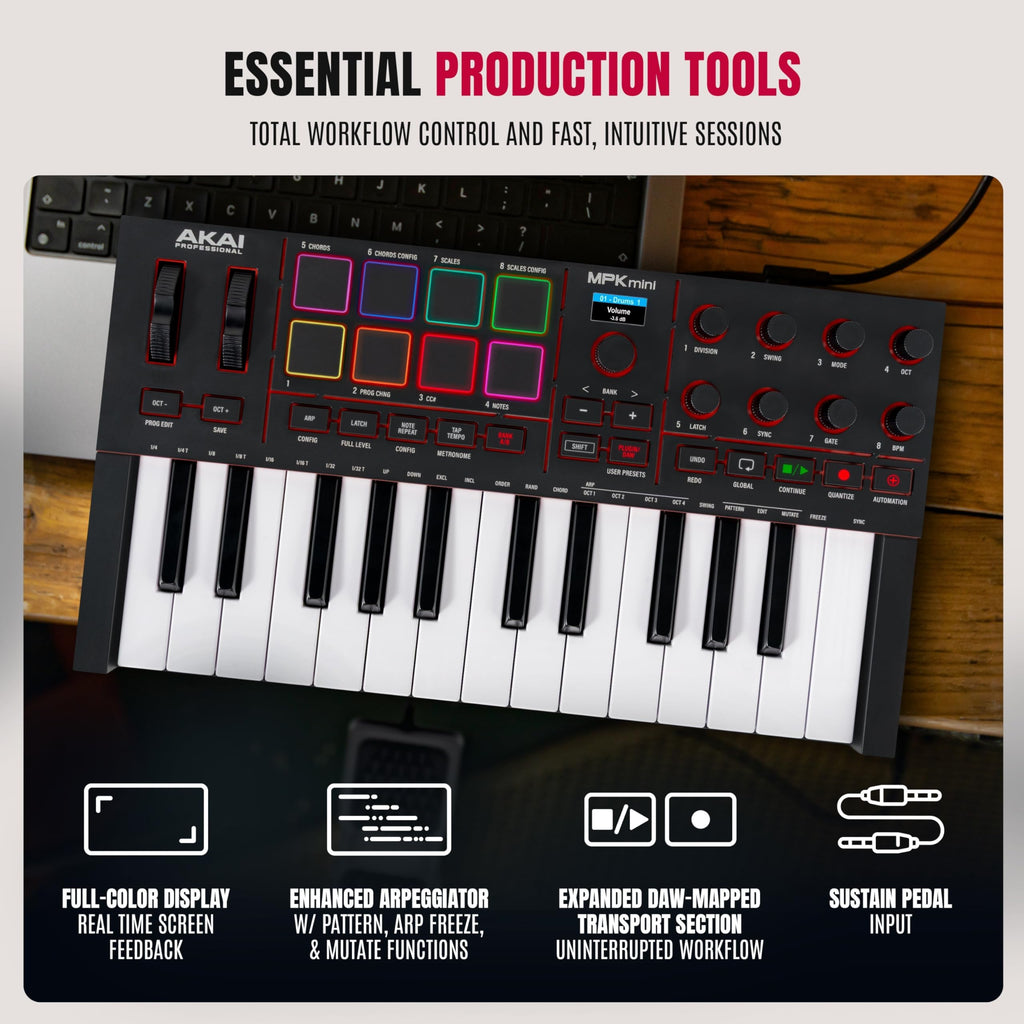 Akai MPK Mini IV – Clavier MIDI USB-C 25 touches avec pads MPC, knobs et logiciels inclus