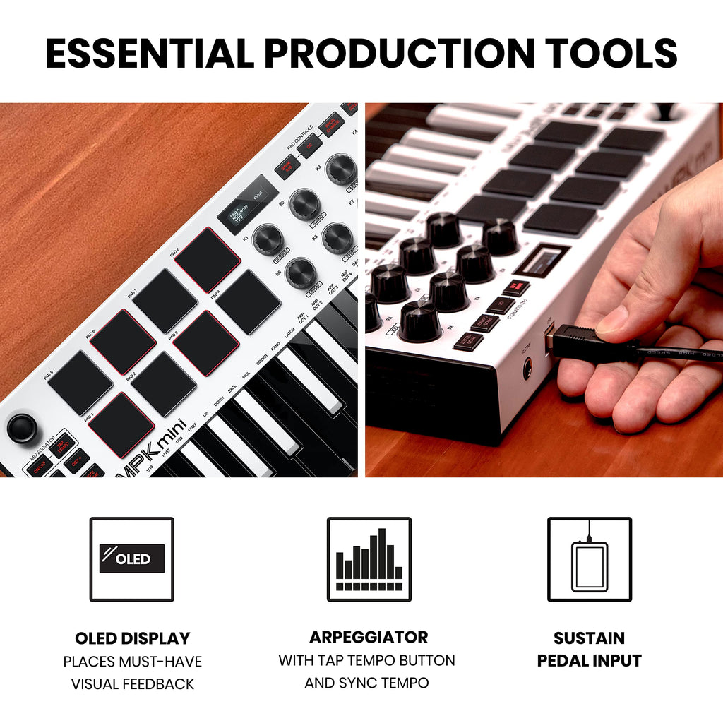 Akai MPK Mini MK3 – Contrôleur MIDI USB 25 touches avec pads rétroéclairés et logiciels inclus