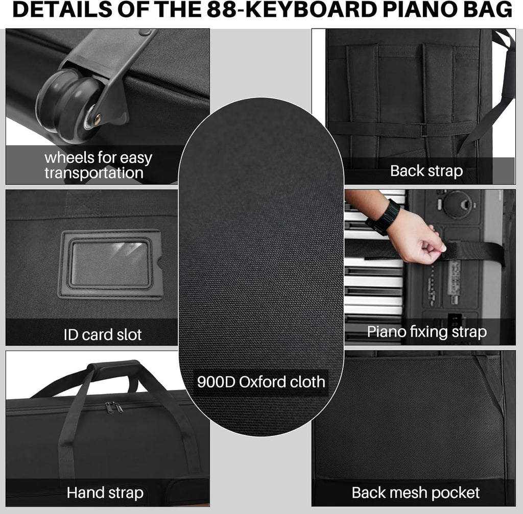 🎹 Housse de transport pour clavier 88 touches avec roulettes et sangles réglables – Sac de transport rembourré 10 mm avec 4 poches accessoires pour piano numérique, synthétiseur et clavier