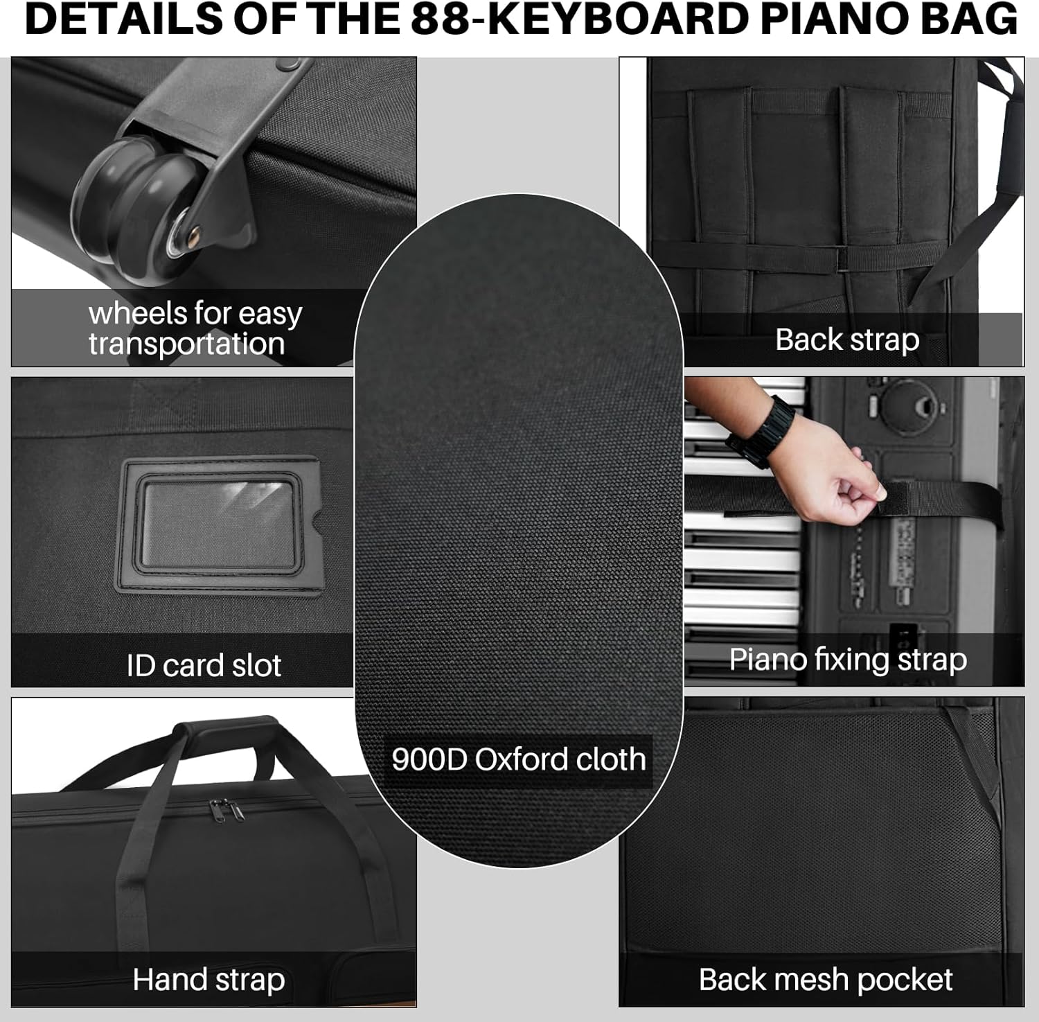 🎹 Housse de transport pour clavier 88 touches avec roulettes et sangles réglables – Sac de transport rembourré 10 mm avec 4 poches accessoires pour piano numérique, synthétiseur et clavier